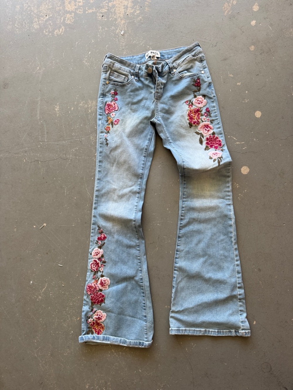 TCL Light Blue Flare Jeans with Pink & Red Floral Embroidery